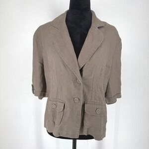 Vintage Brown Linen Button Blazer Womens Large Minimalist Earthy Chore Pockets